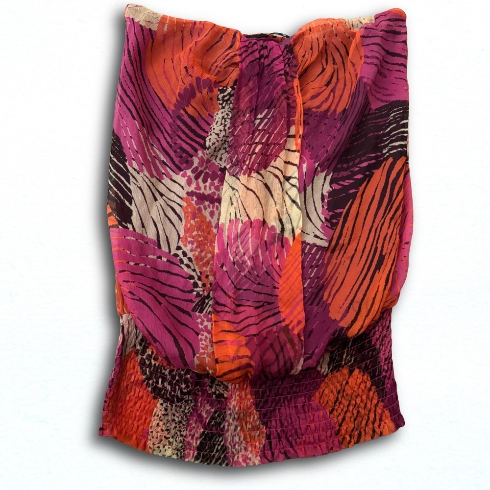 Silk Strapless Tube Top Pink Orange Abstract Print Smocked Hem Medium CMF10901